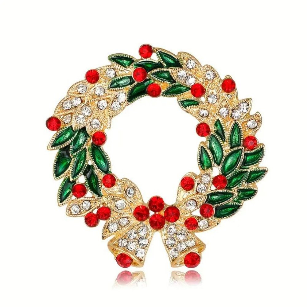 🎄BEST SELLER🎄 Christmas Wreath Brooch Pin Bells Rhinestones